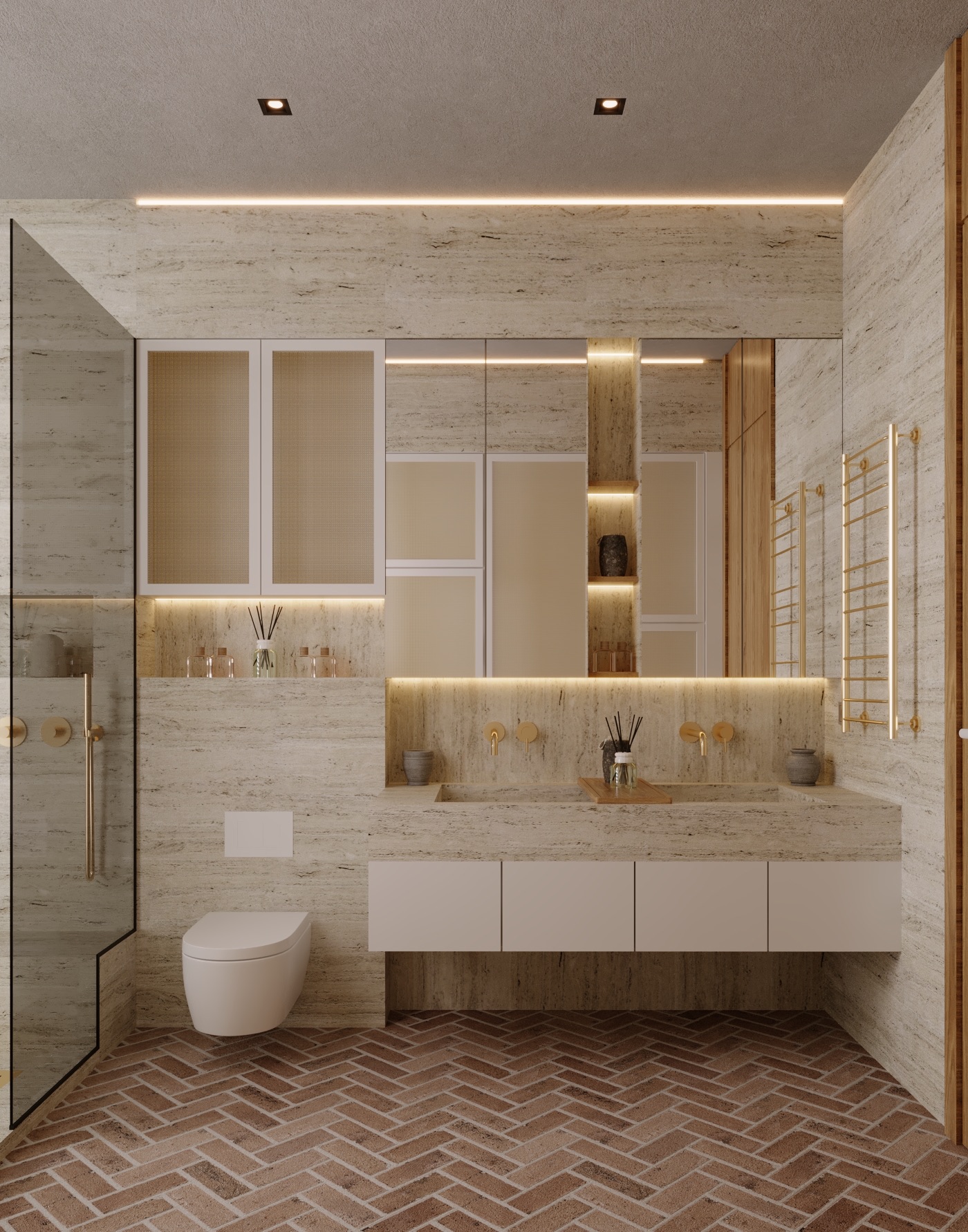 Zekeriyaköy Villa banyosunda lavabo, ayna ve doğal taş yüzeyleri gösteren render