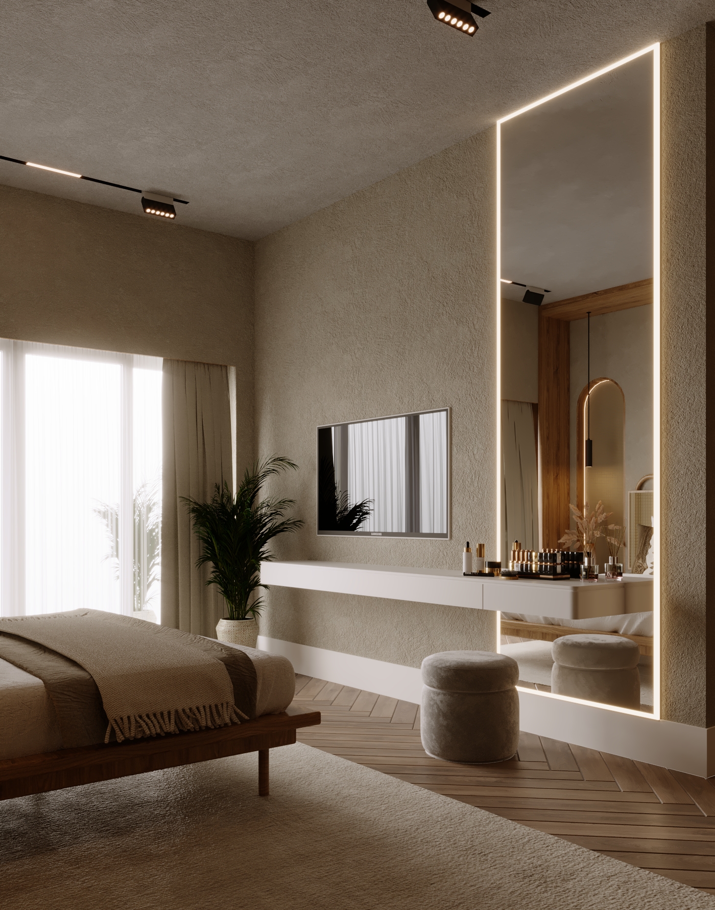 Zekeriyaköy Villa yatak odasında makyaj masası, aydınlatmalı ayna ve pencereyi gösteren render